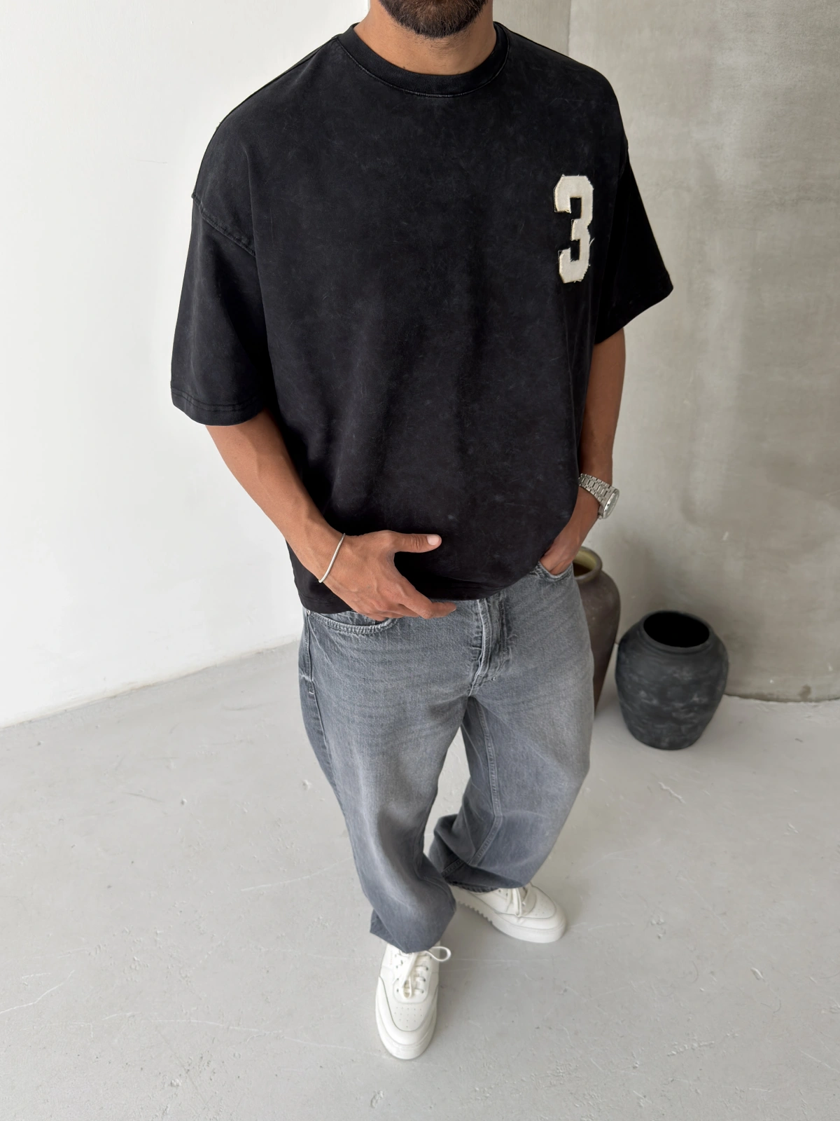Siyah 3 Baskı Yıkamalı T-shirt