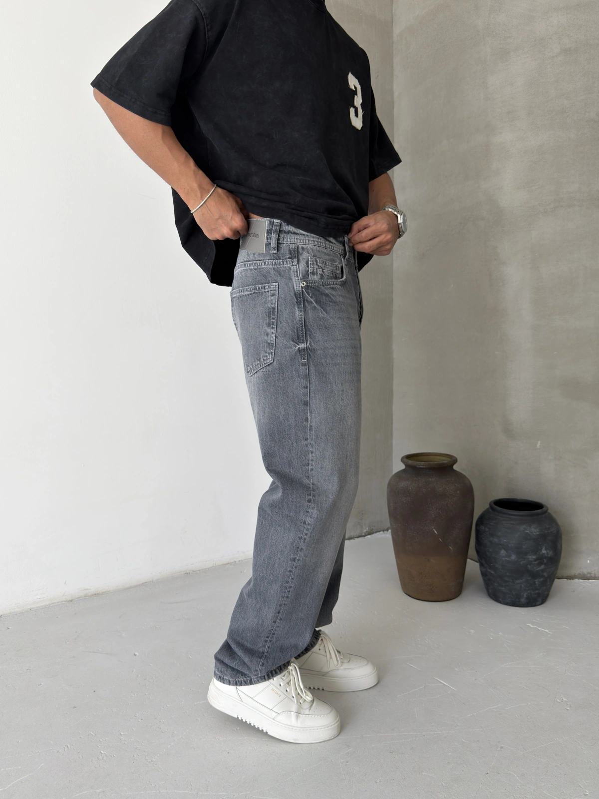 Gri Premium Yıkamalı Baggy Jean