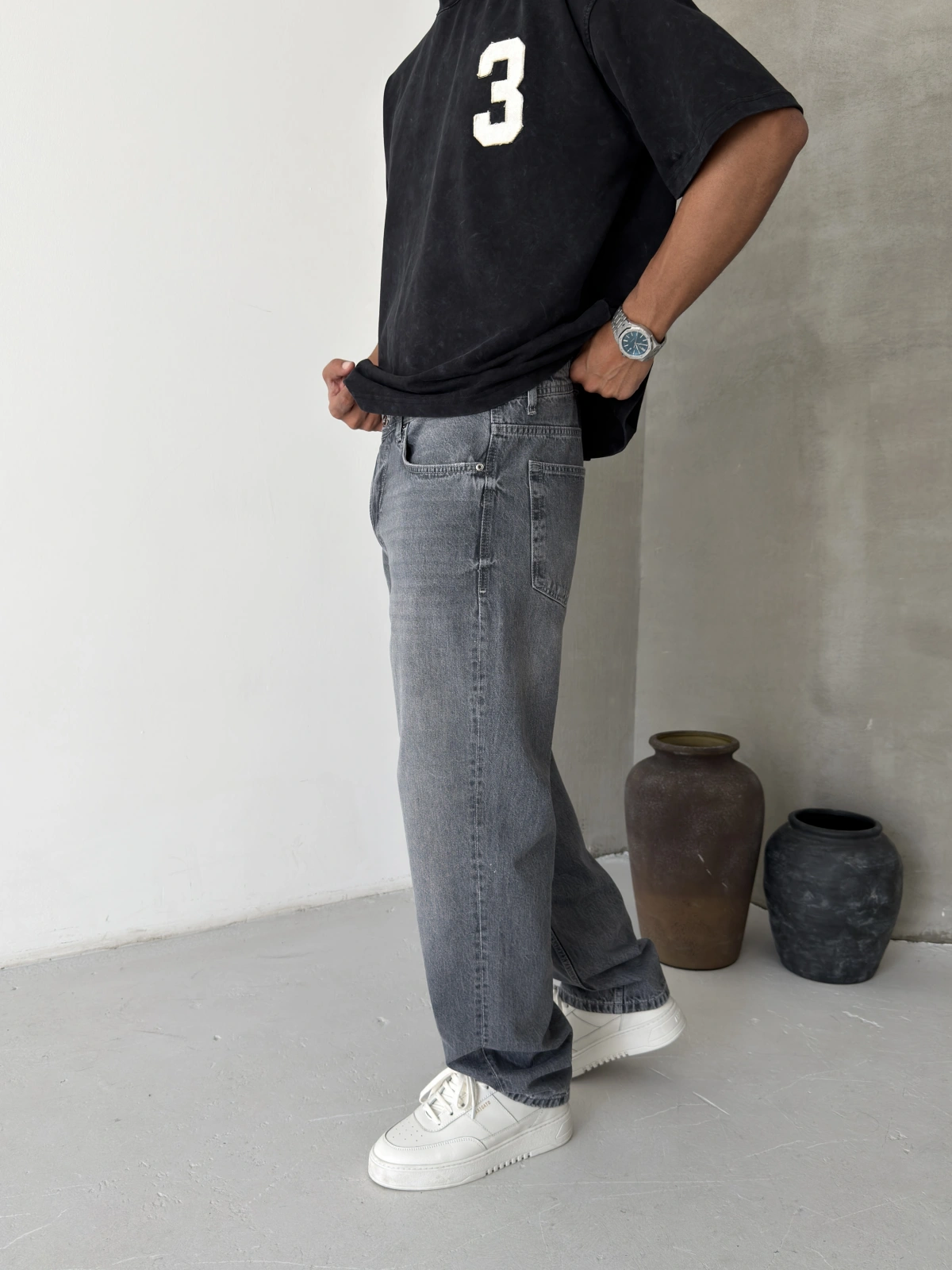 Gri Premium Yıkamalı Baggy Jean