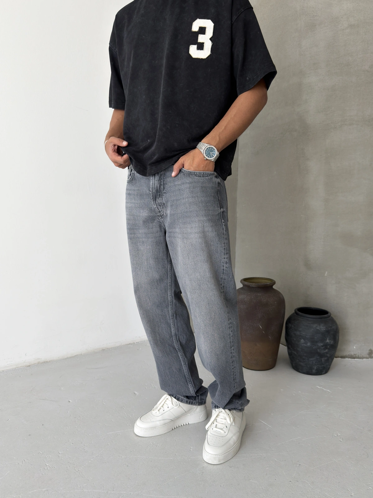 Gri Premium Yıkamalı Baggy Jean