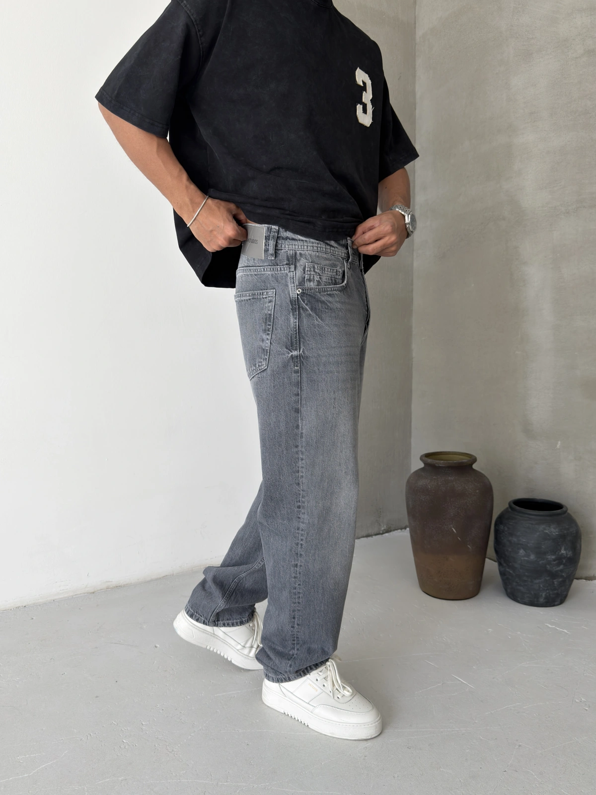 Gri Premium Yıkamalı Baggy Jean