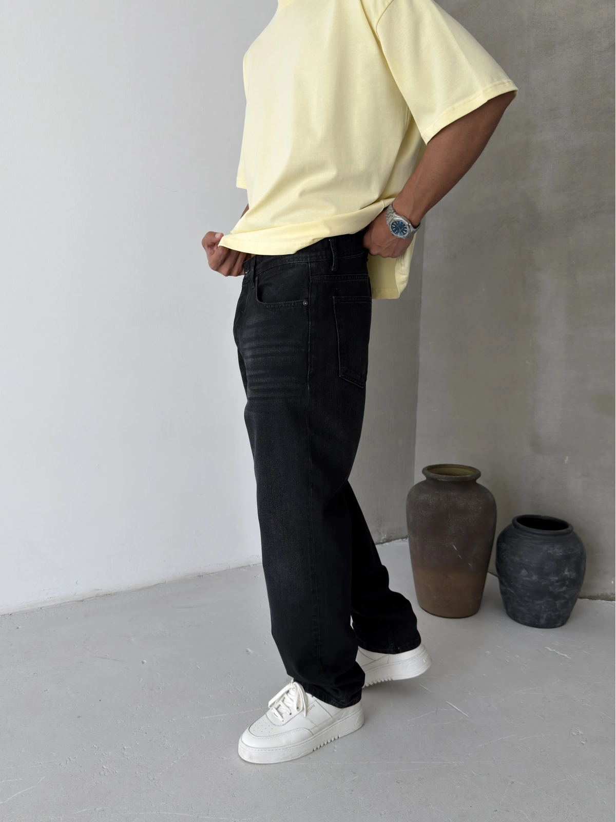 Siyah Yıkama Efektli Premium Baggy Jean