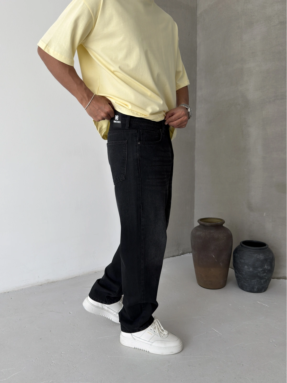 Siyah Yıkama Efektli Premium Baggy Jean