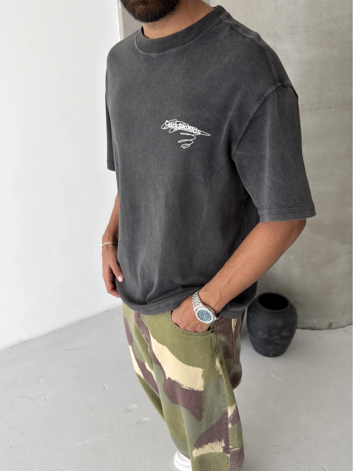 Antrasit Yıkamalı Stüdio Oversize T-shirt