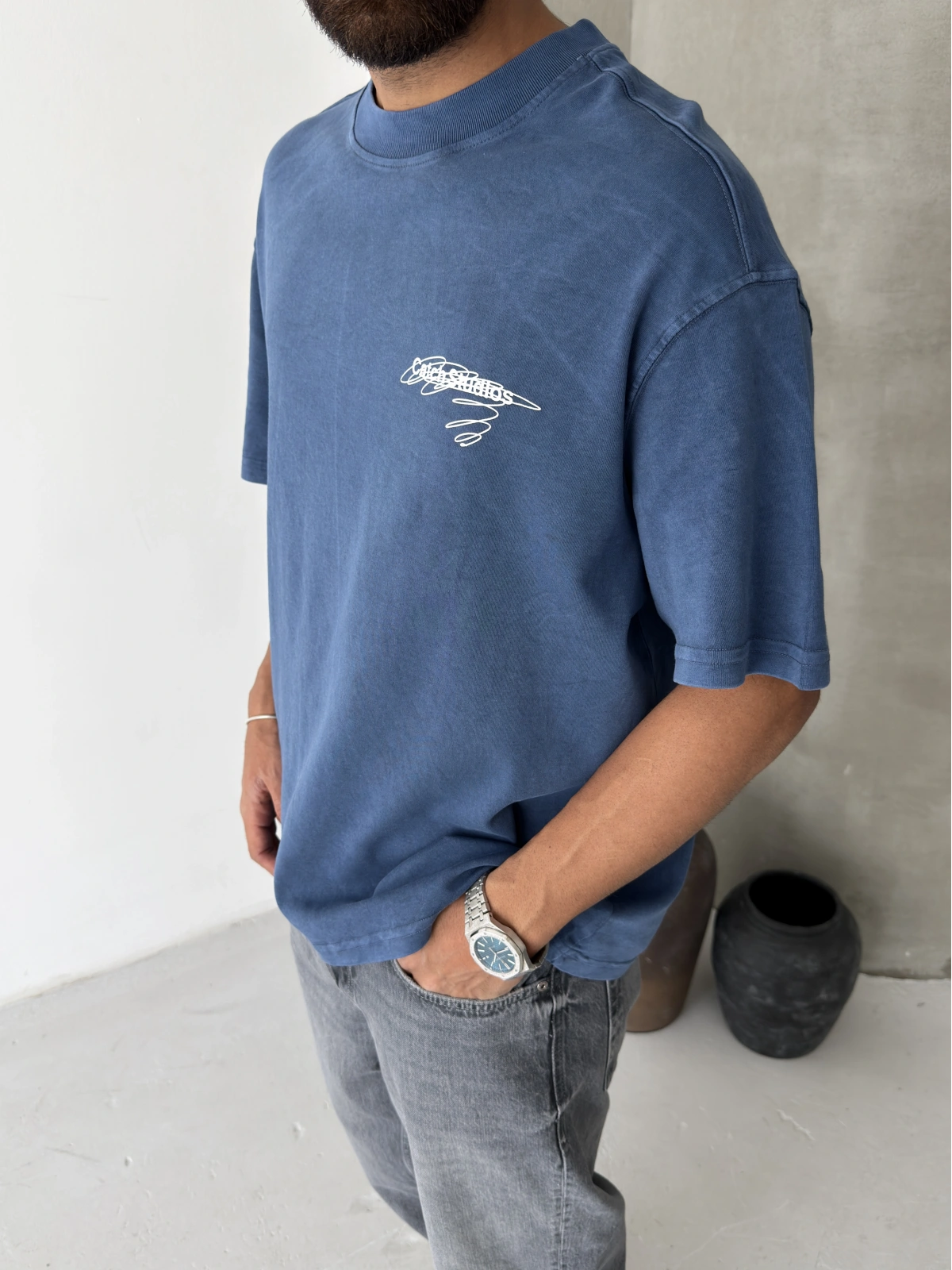 Mavi Yıkamalı Stüdio Oversize T-shirt