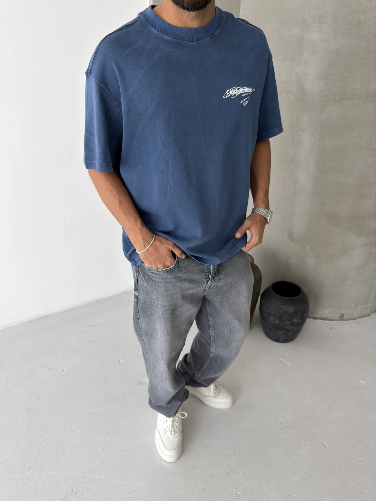 Mavi Yıkamalı Stüdio Oversize T-shirt