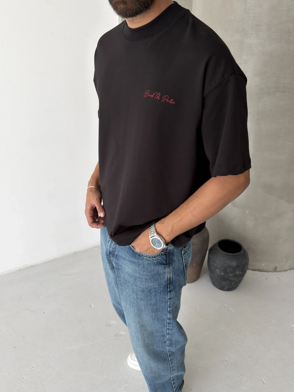 Siyah Melange Boxy Fit İşlemeli T-shirt
