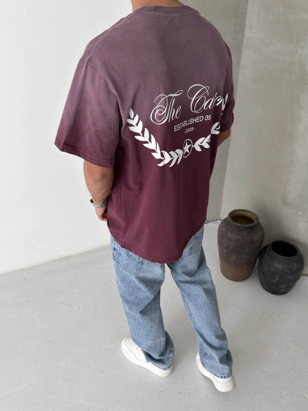 Bordo Yıkamalı Baskılı Oversize T-shirt