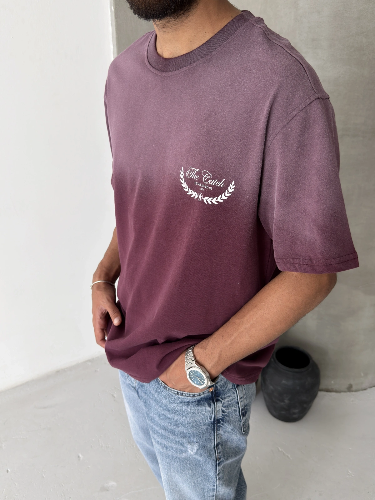 Bordo Yıkamalı Baskılı Oversize T-shirt