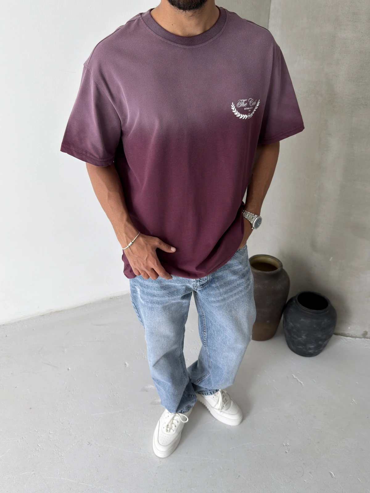 Bordo Yıkamalı Baskılı Oversize T-shirt