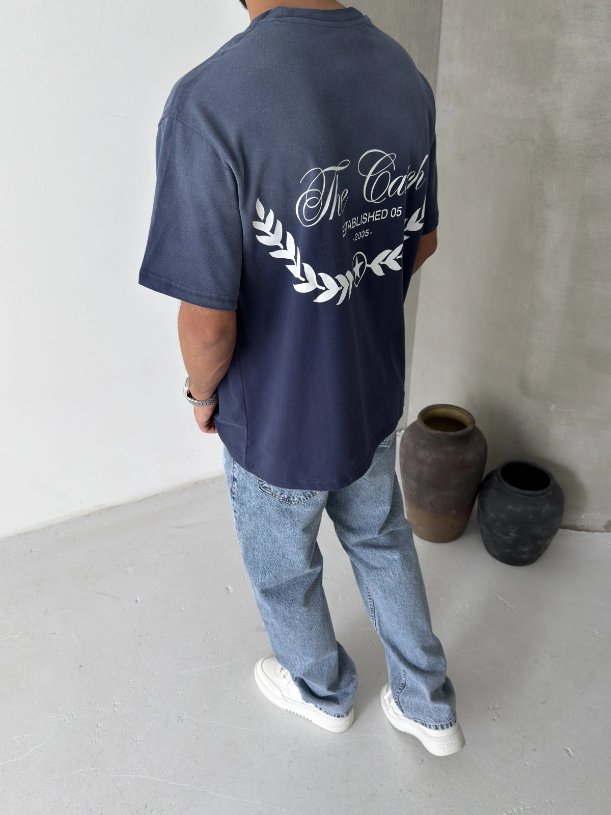 Lacivert Yıkamalı Baskılı Oversize T-shirt