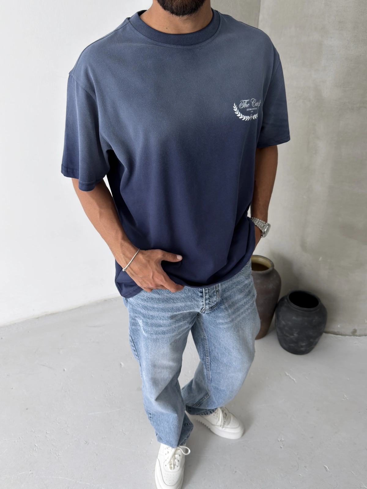 Lacivert Yıkamalı Baskılı Oversize T-shirt
