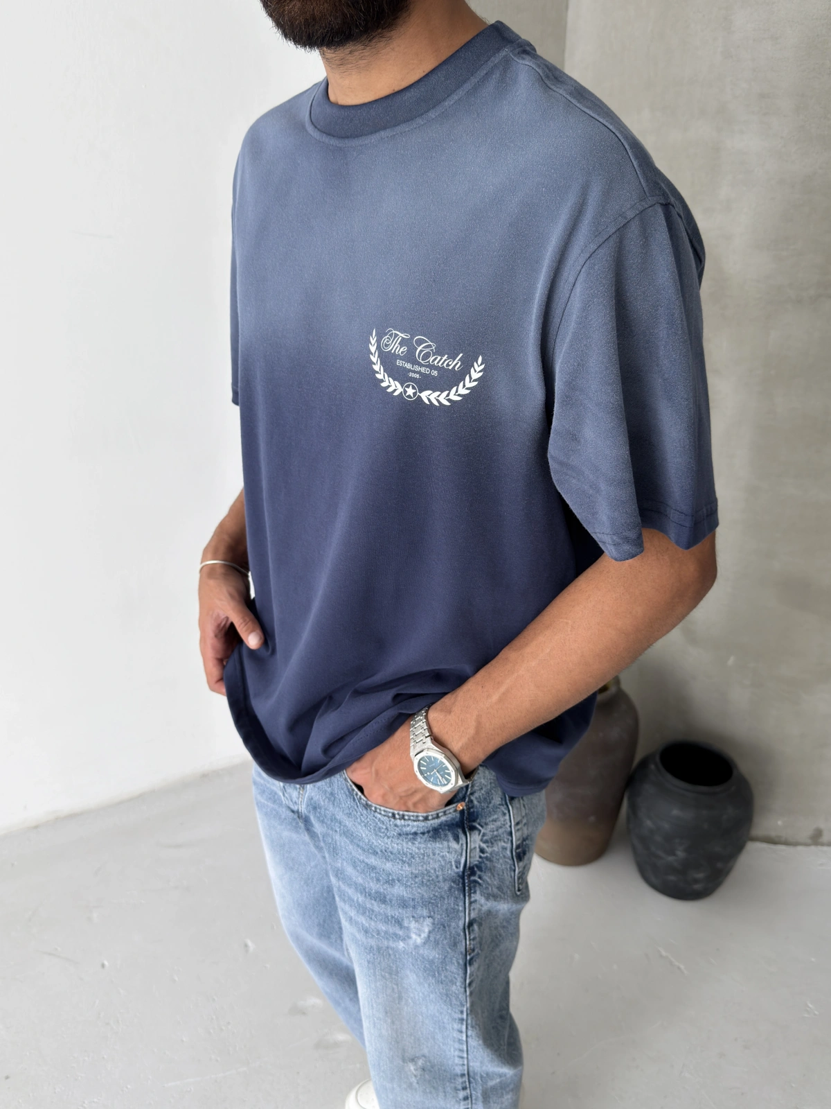 Lacivert Yıkamalı Baskılı Oversize T-shirt