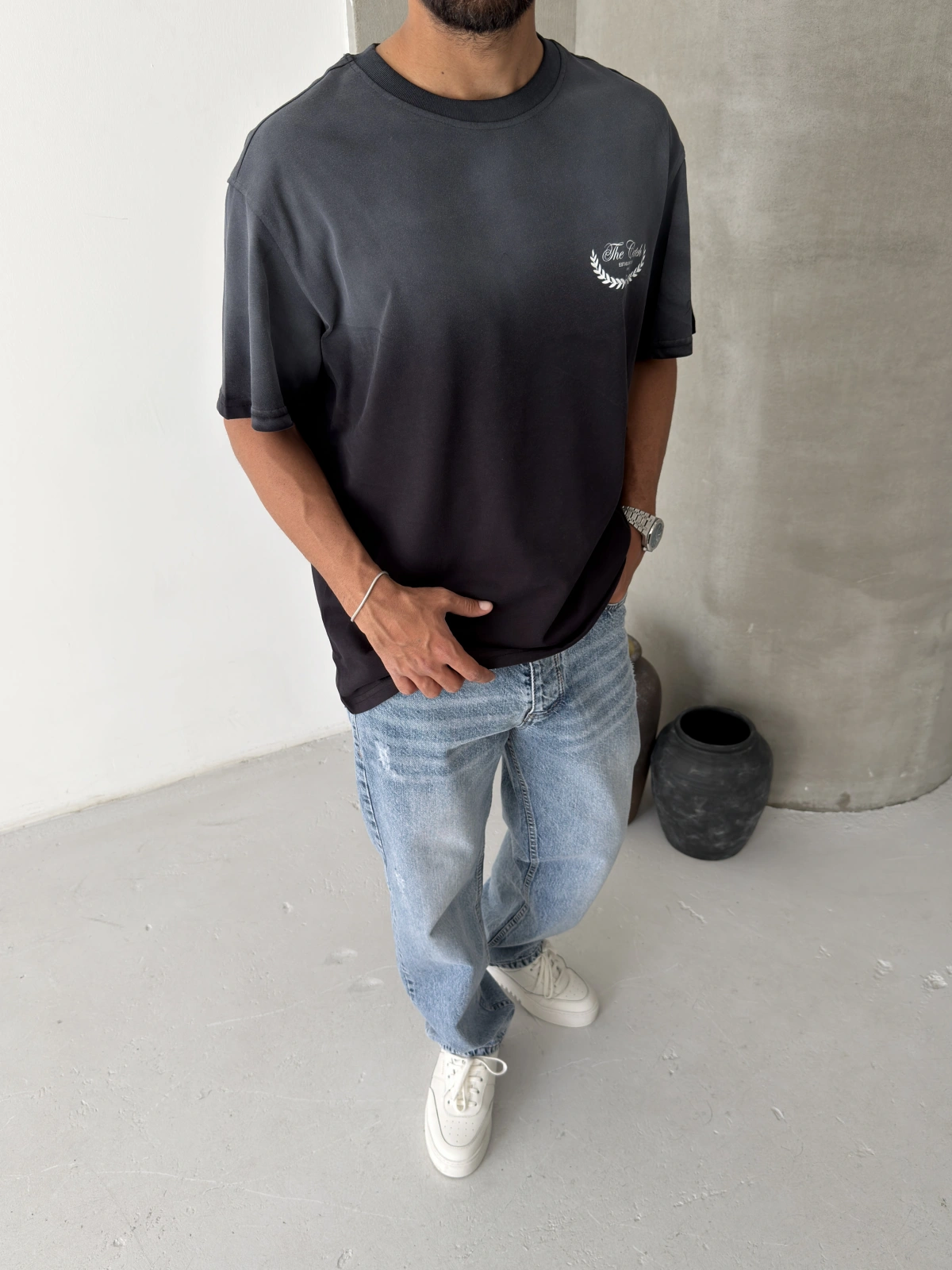 Siyah Yıkamalı Baskılı Oversize T-shirt