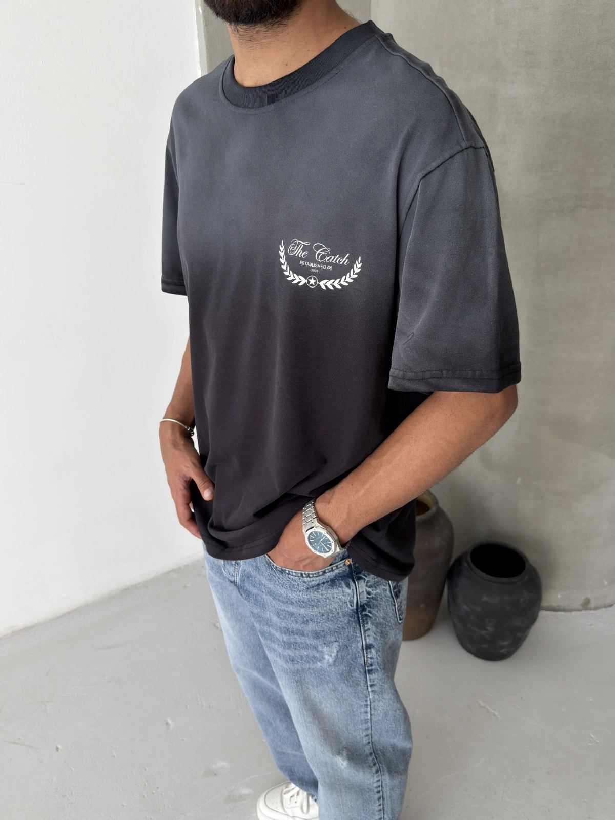 Siyah Yıkamalı Baskılı Oversize T-shirt