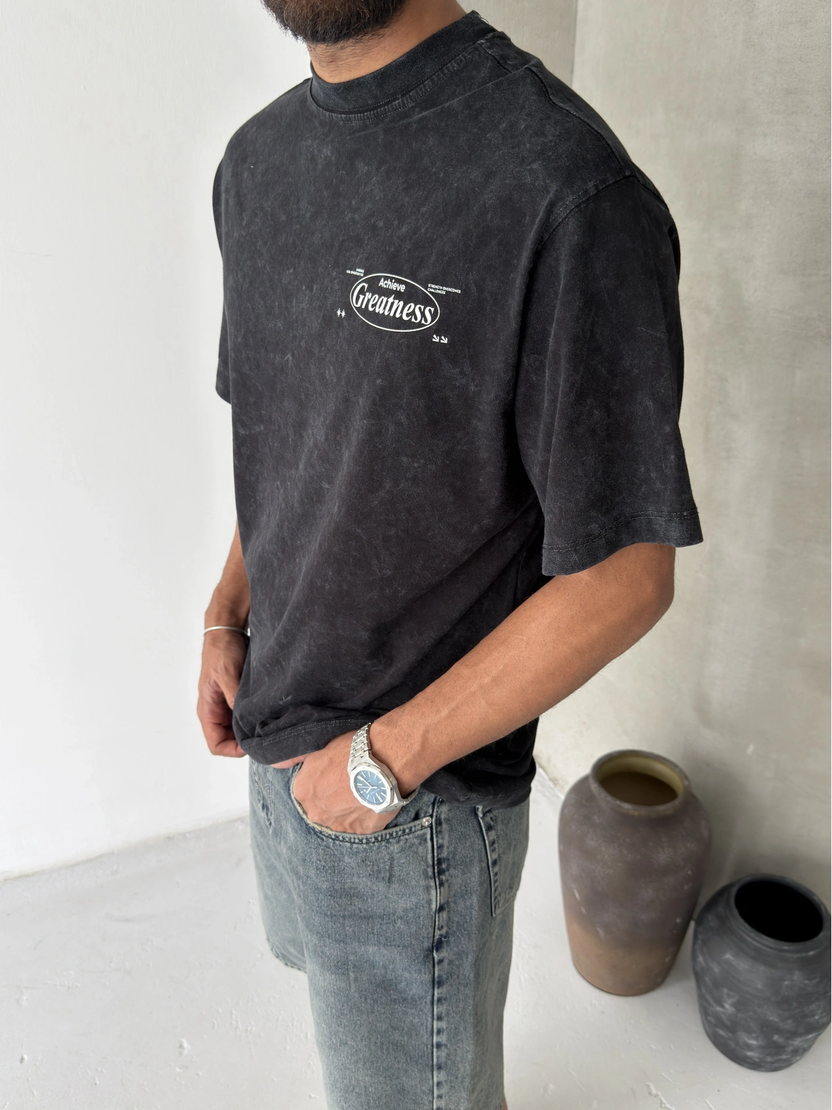 Siyah Yıkamalı Greatness Oversize T-shirt