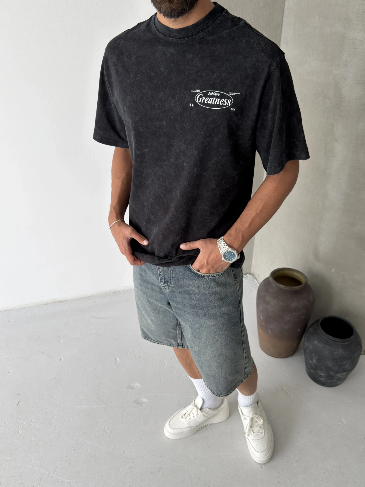 Siyah Yıkamalı Greatness Oversize T-shirt