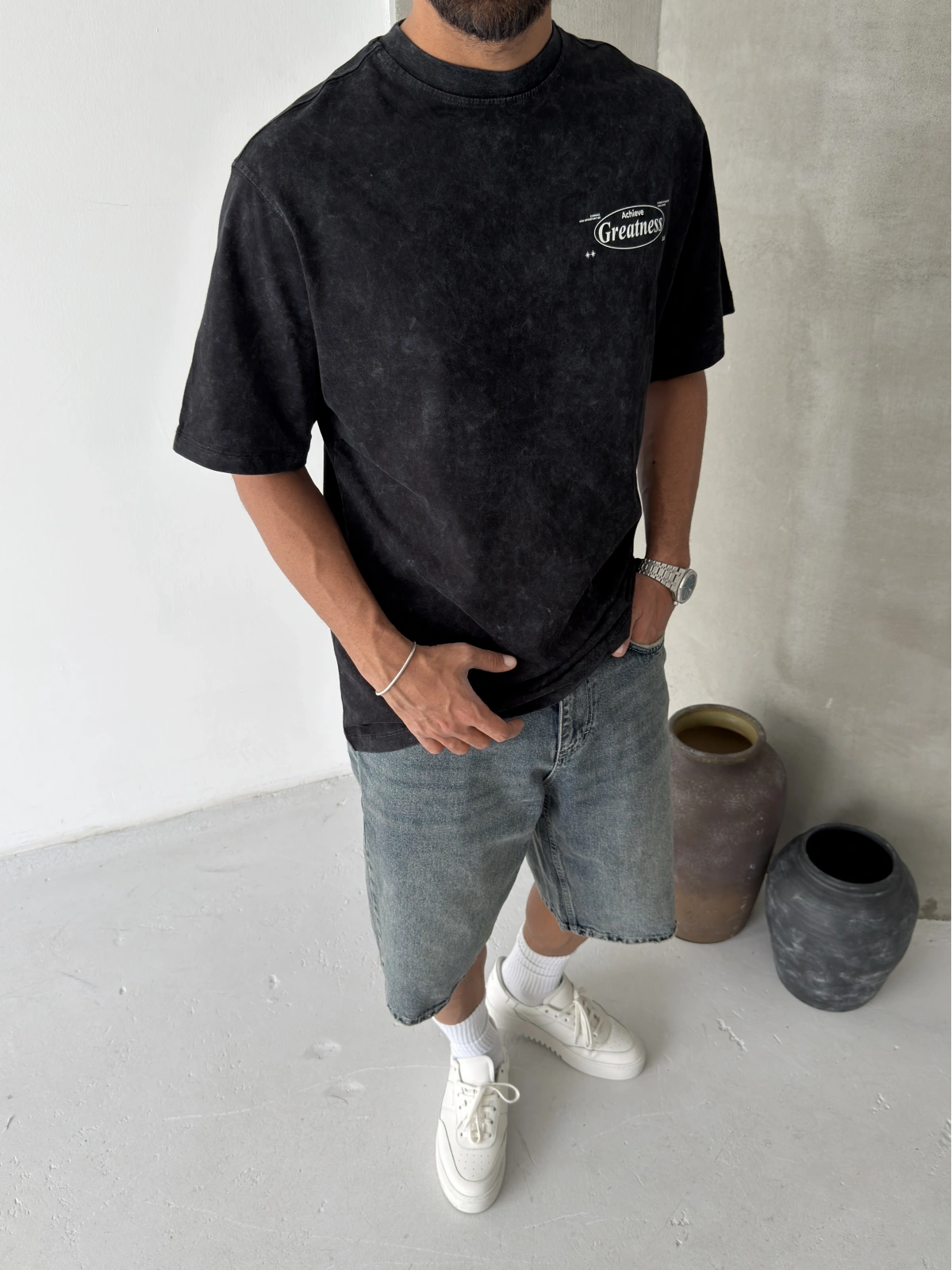 Siyah Yıkamalı Greatness Oversize T-shirt
