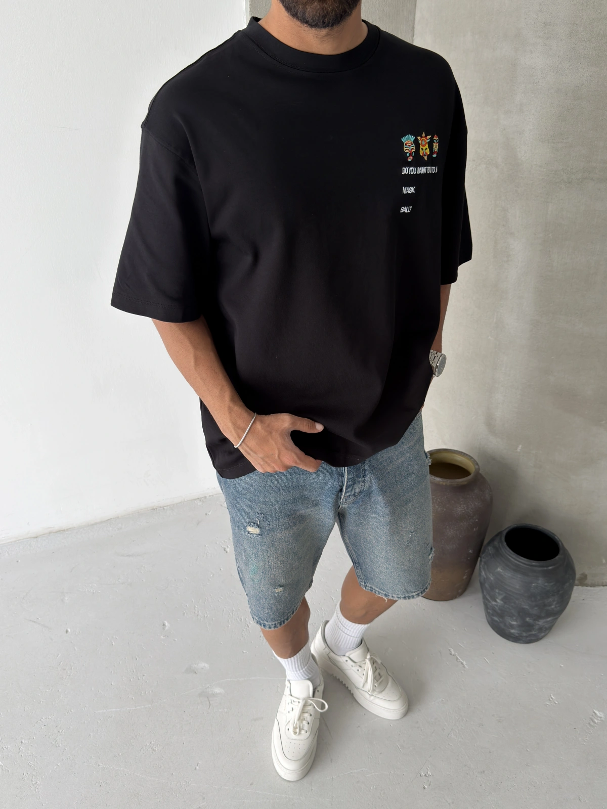 Siyah Mask Baskılı Oversize T-shirt
