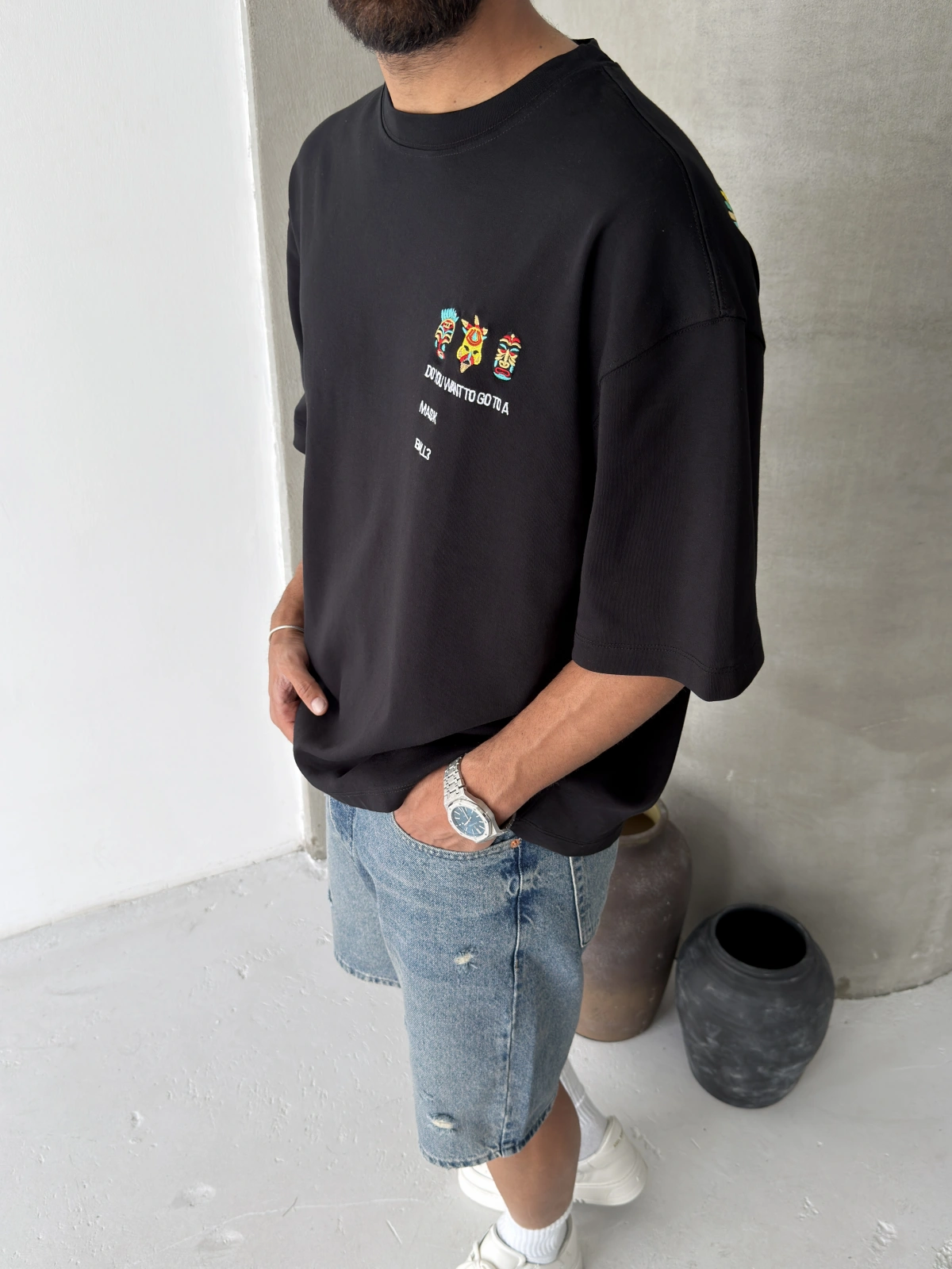 Siyah Mask Baskılı Oversize T-shirt