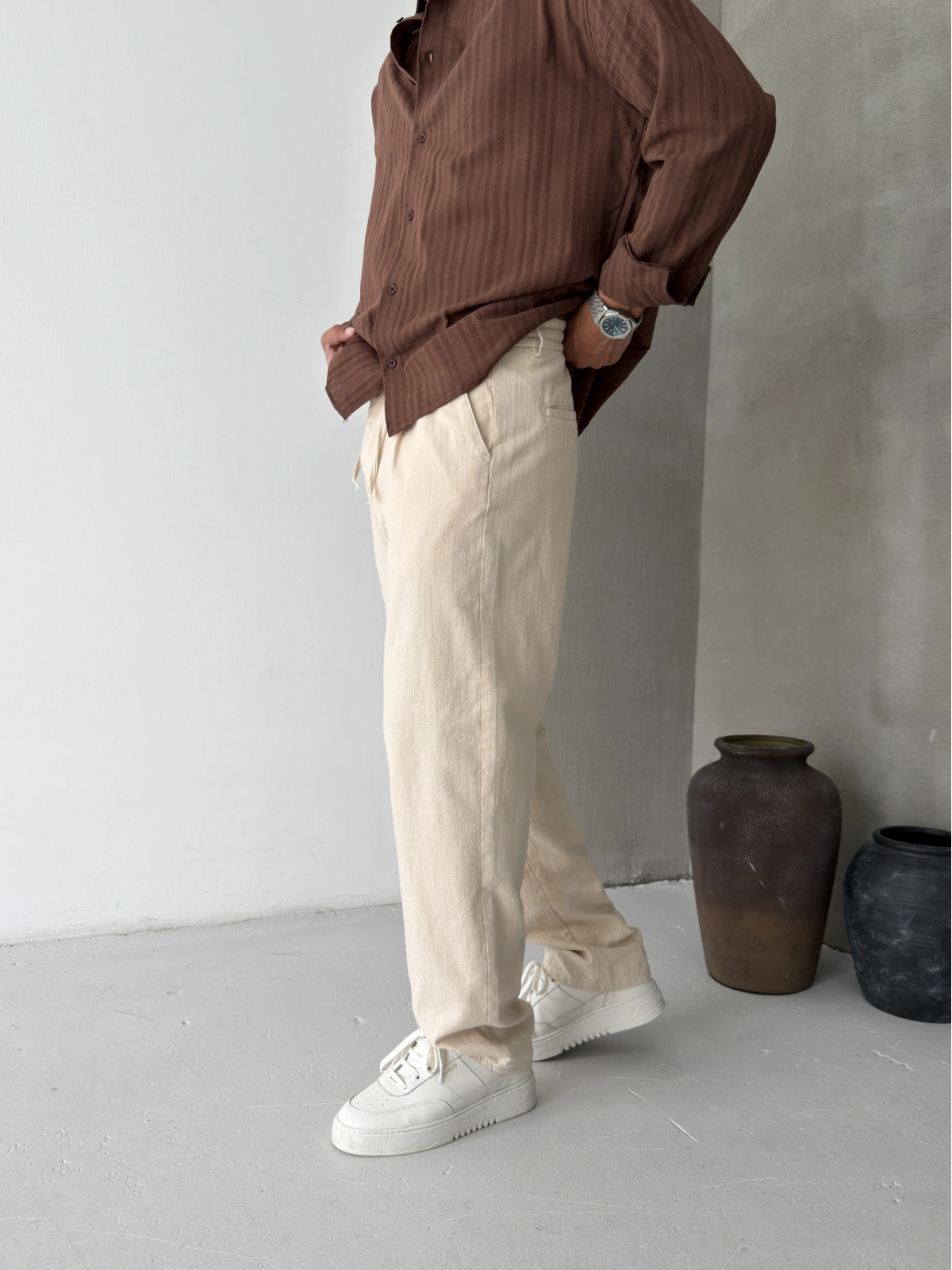 Krem Pileli Regular Keten Baggy