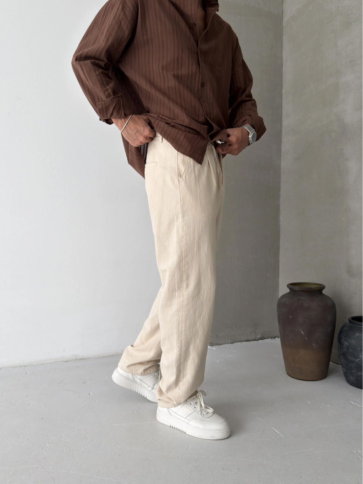 Krem Pileli Regular Keten Baggy