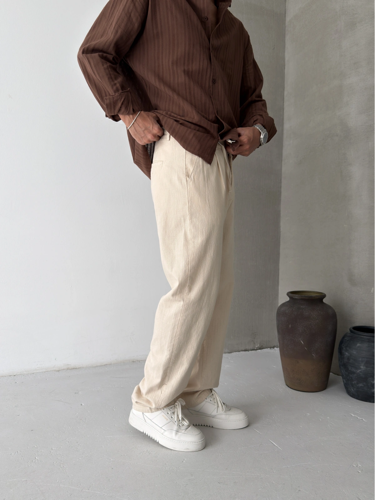 Krem Pileli Regular Keten Baggy
