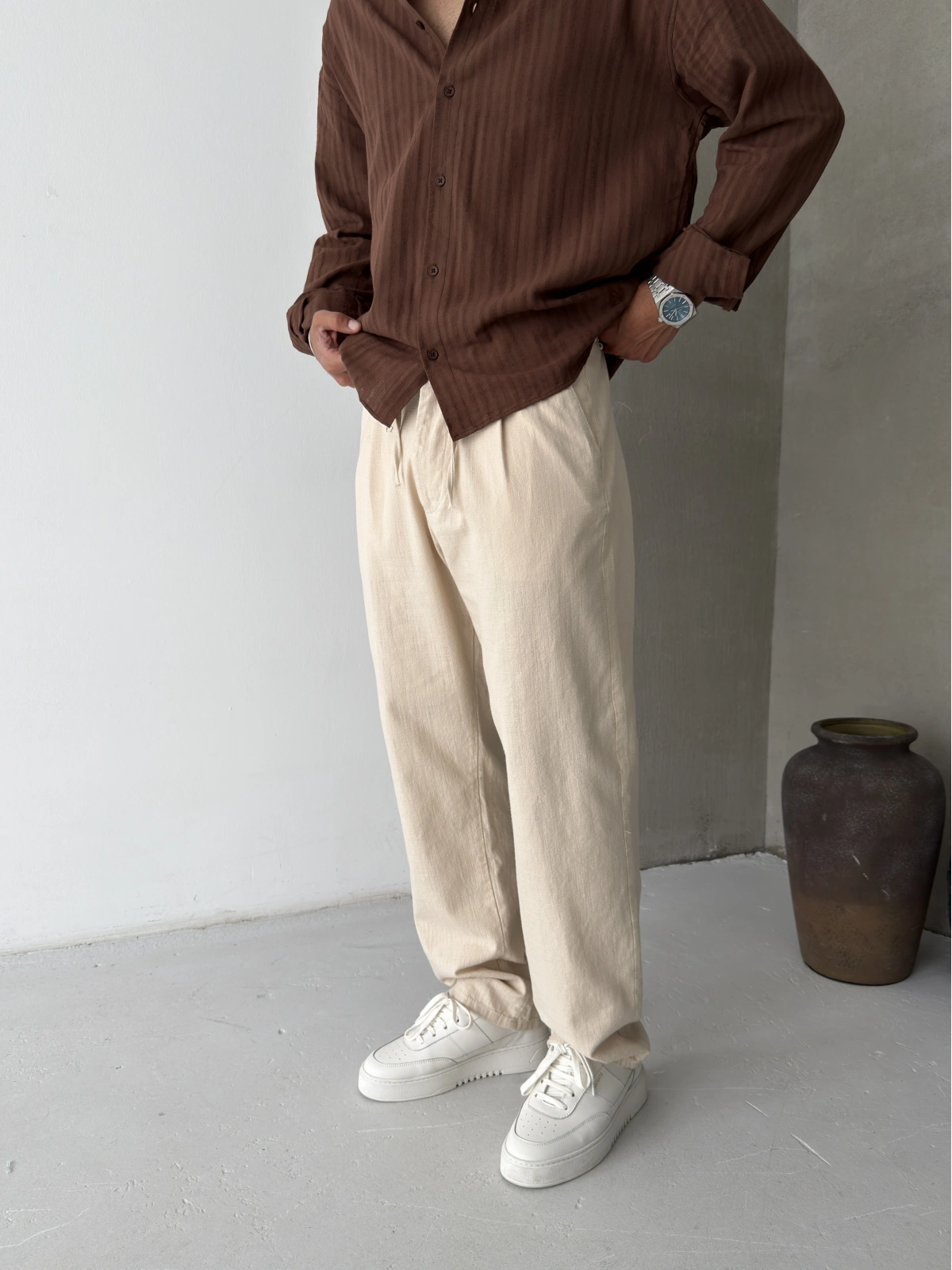 Krem Pileli Regular Keten Baggy