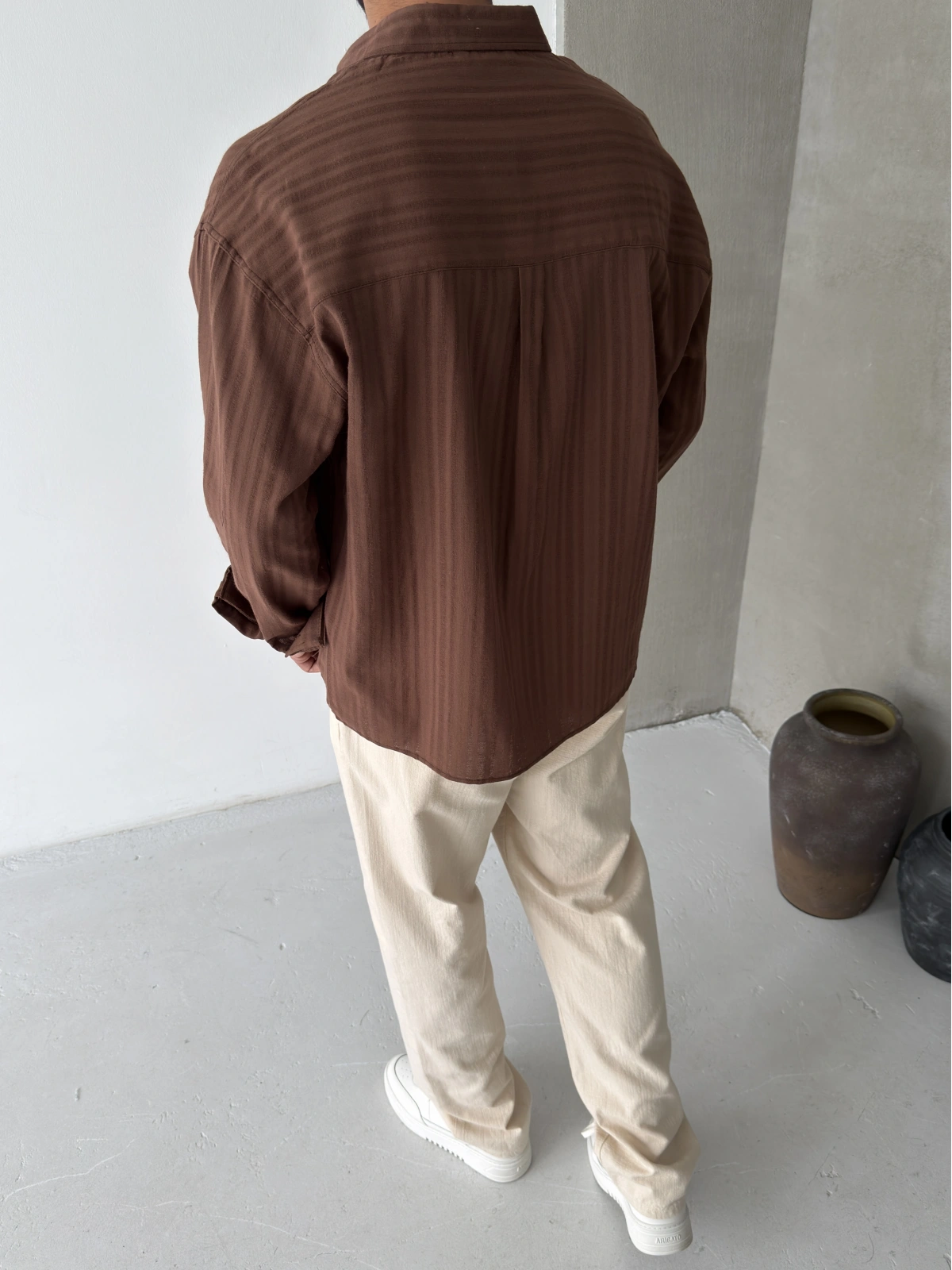 Kahve Pamuk Keten Oversize Gömlek
