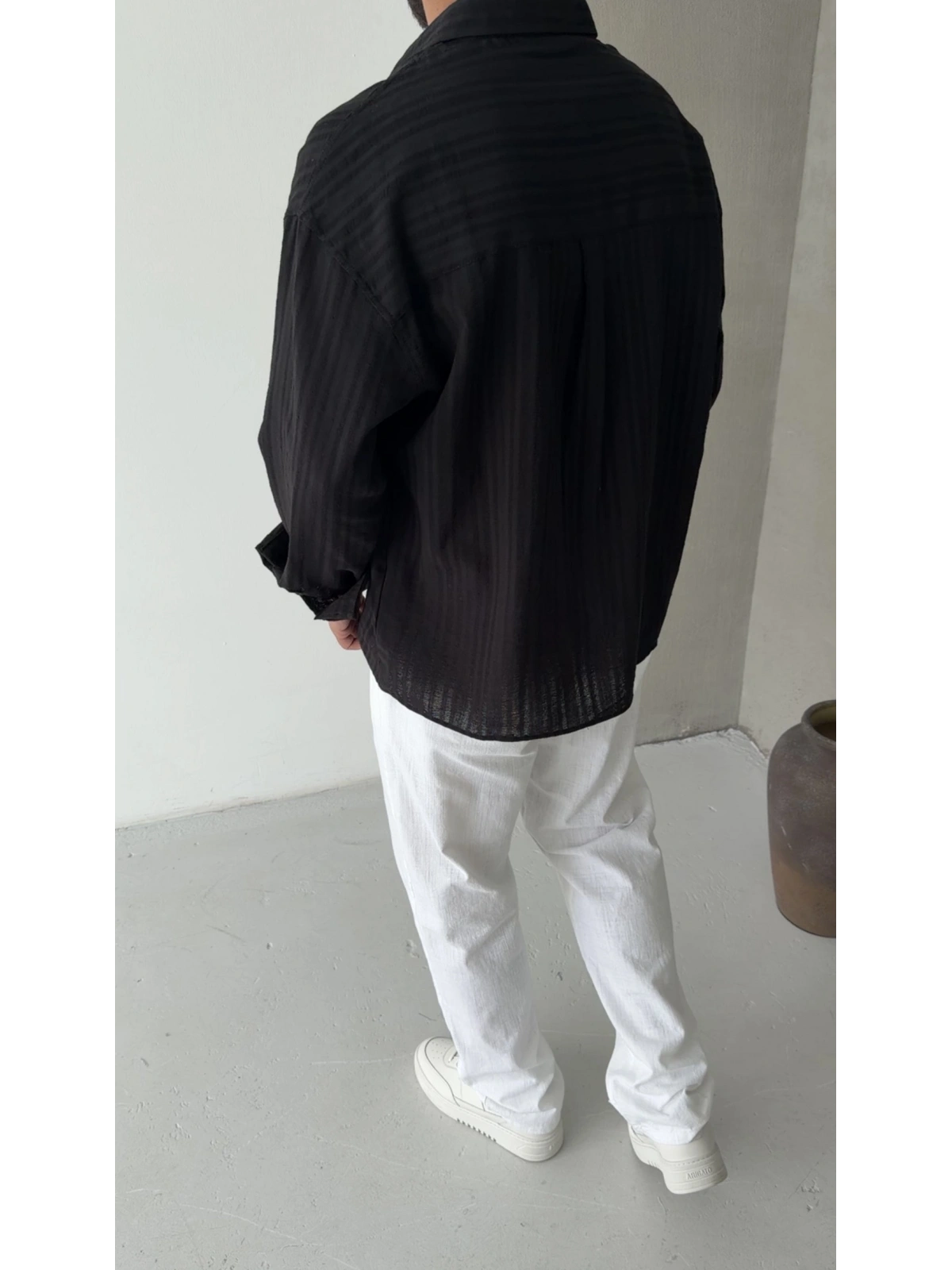 Siyah Pamuk Keten Oversize Gömlek