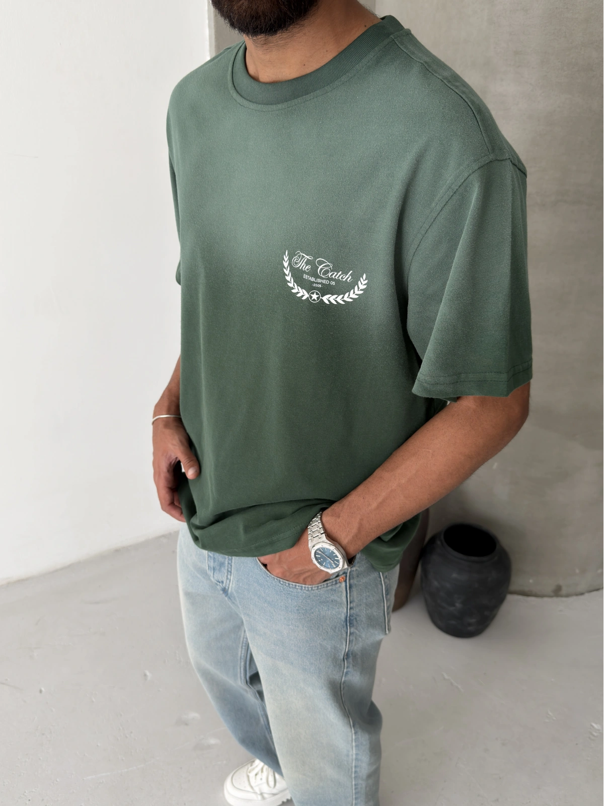 Haki Yıkamalı Baskılı Oversize T-shirt