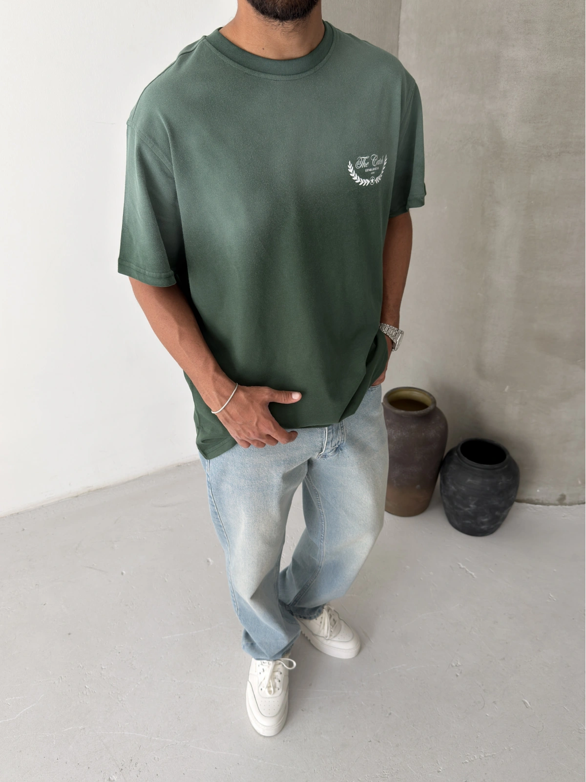 Haki Yıkamalı Baskılı Oversize T-shirt