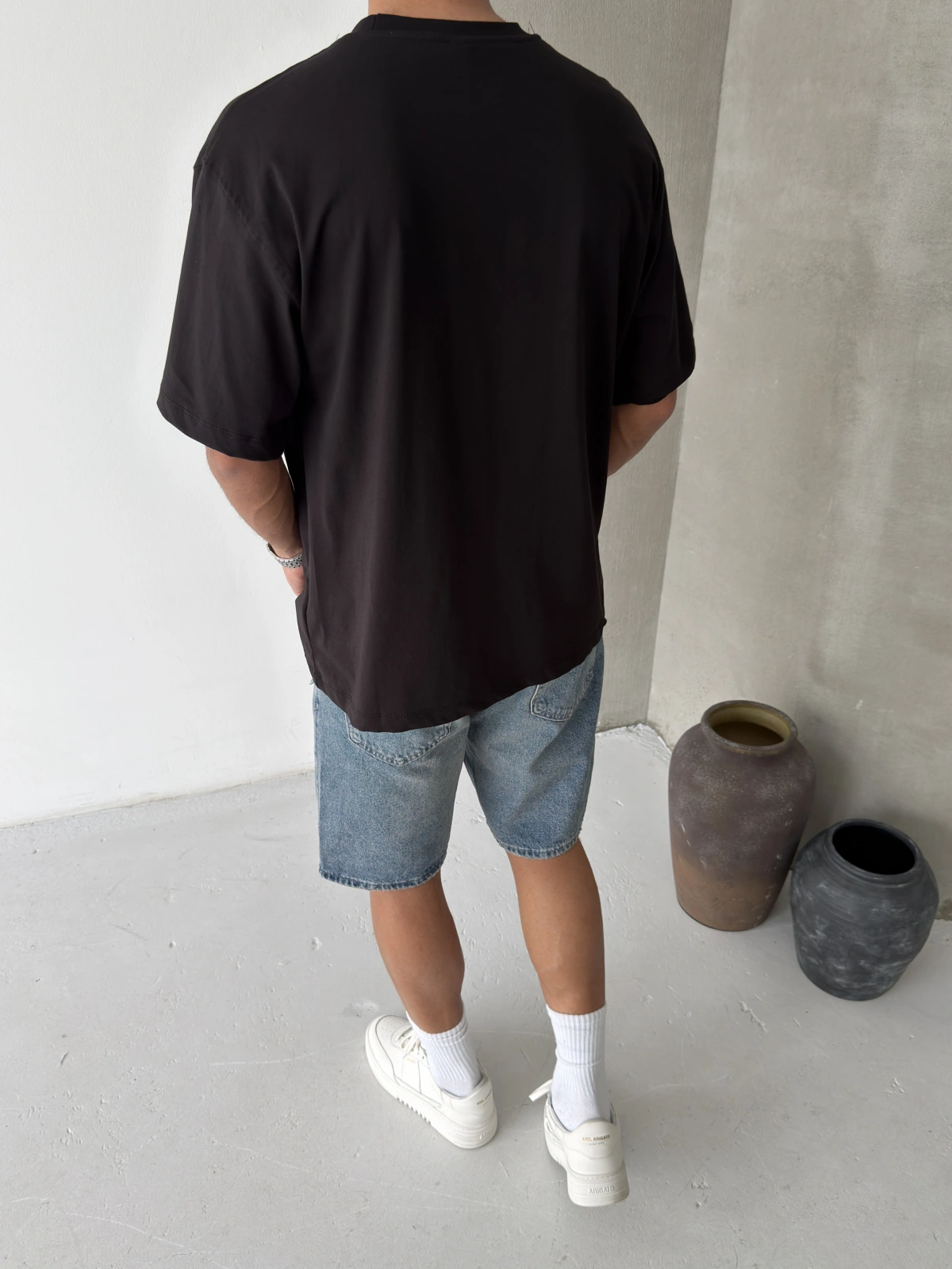 Siyah Etnik Minimal Baskılı Oversize T-shirt