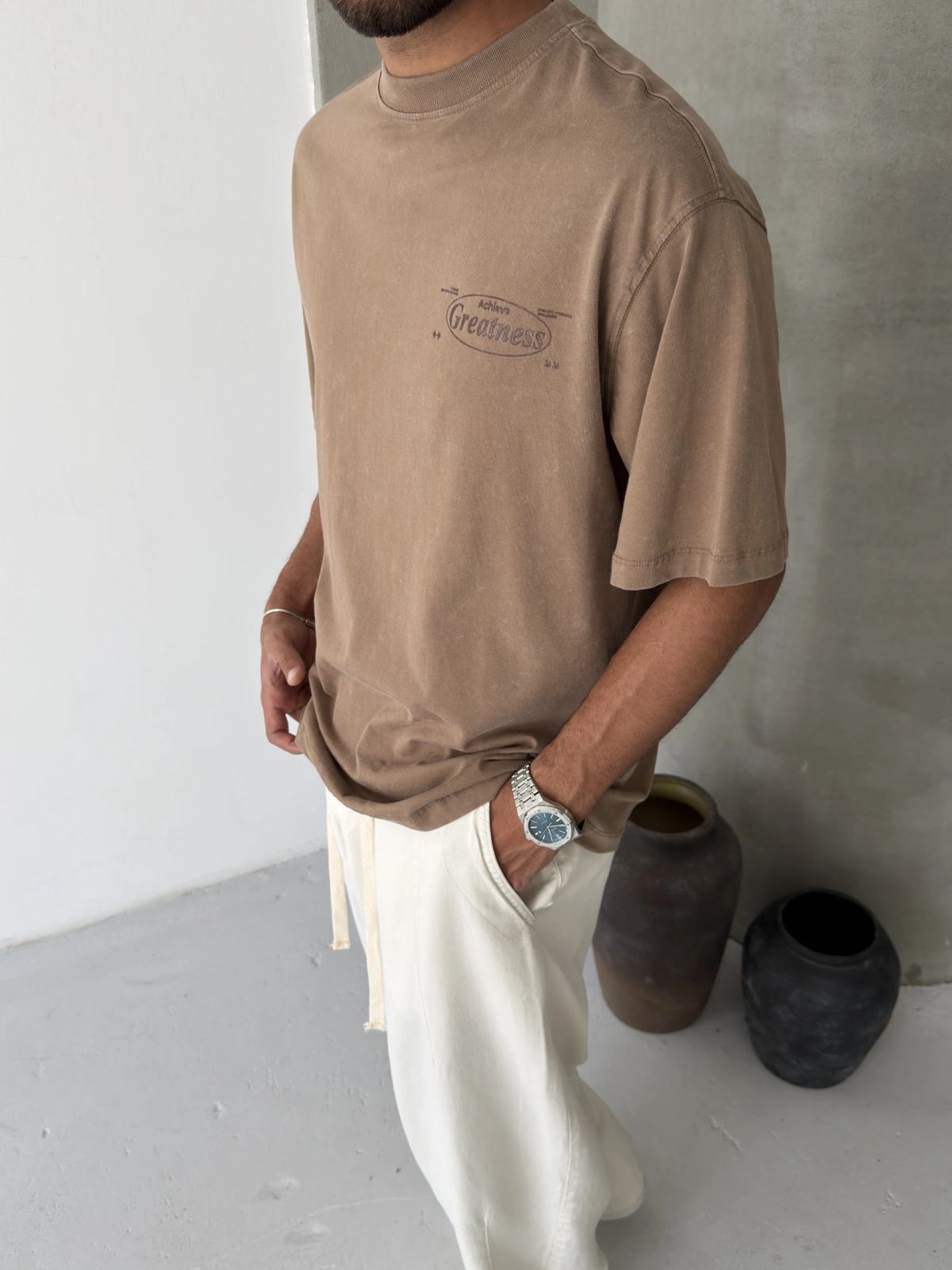Kahve Yıkamalı Greatness Oversize T-shirt