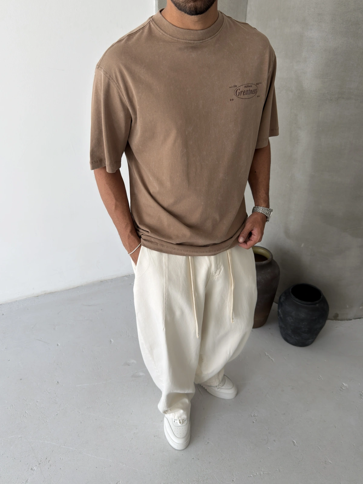 Kahve Yıkamalı Greatness Oversize T-shirt