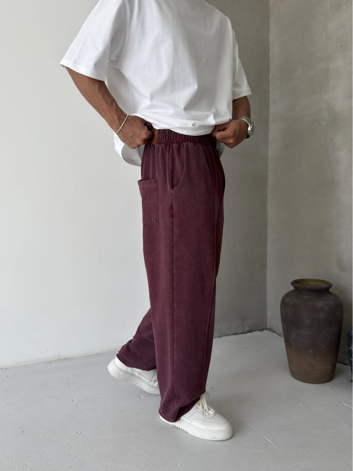 Bordo Yıkamalı Şerit Detay Baggy Eşofman