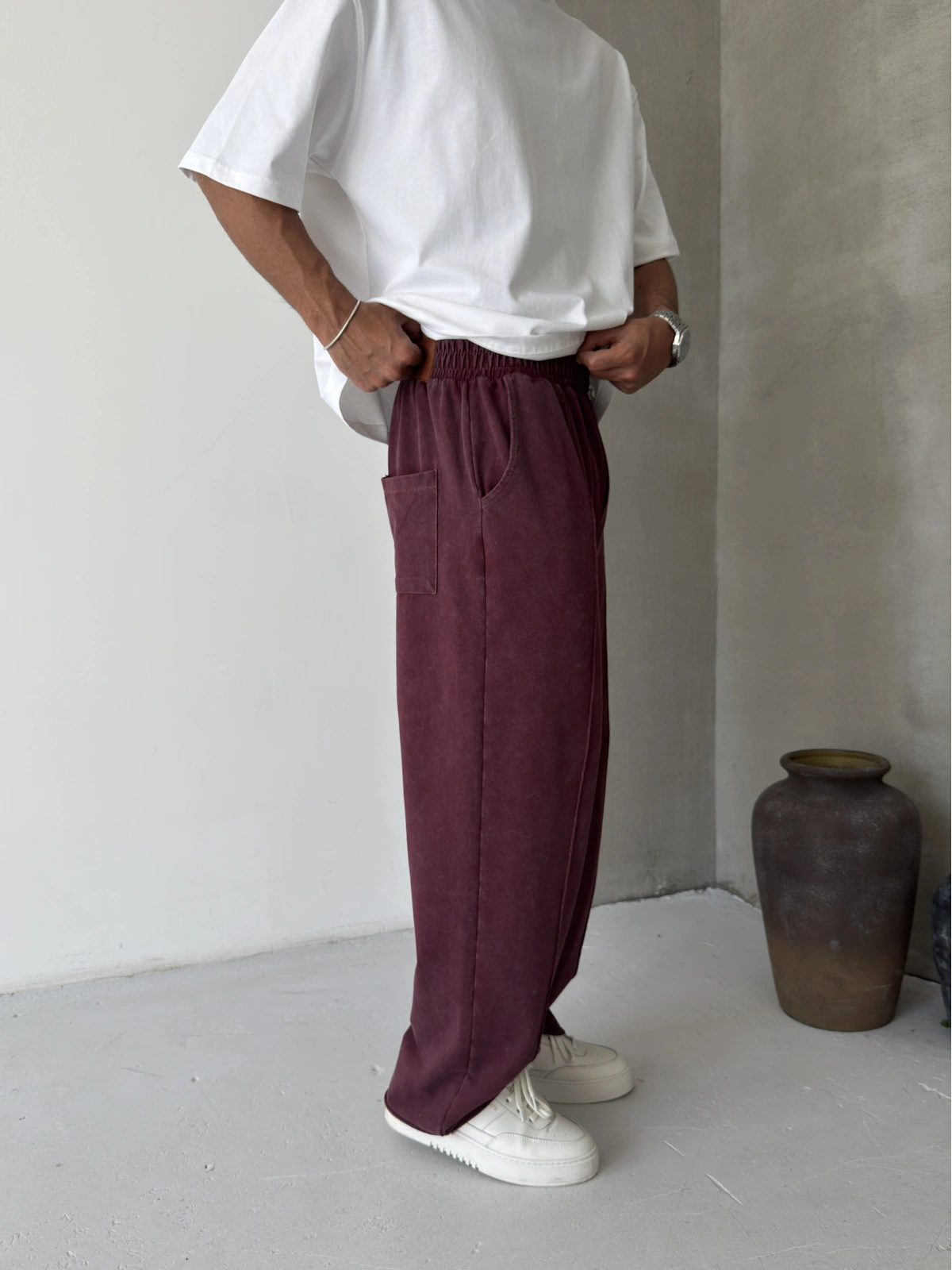 Bordo Yıkamalı Şerit Detay Baggy Eşofman