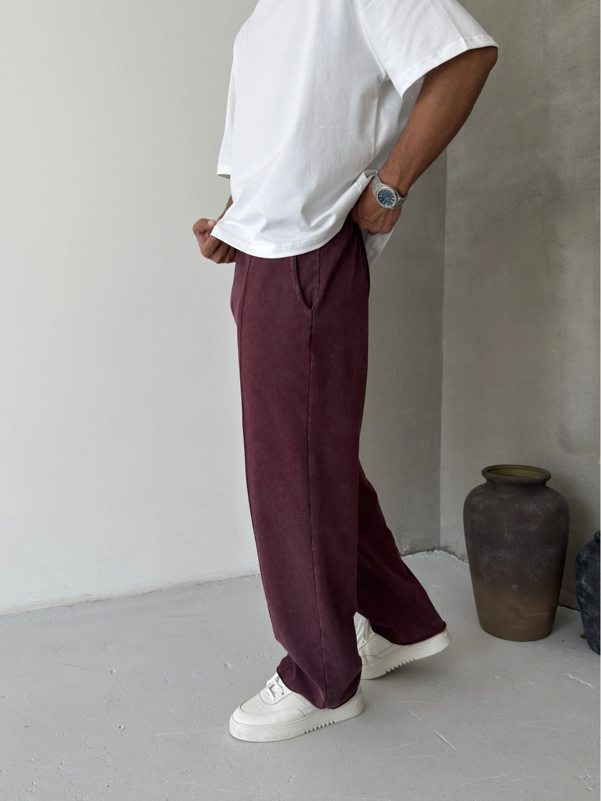 Bordo Yıkamalı Şerit Detay Baggy Eşofman