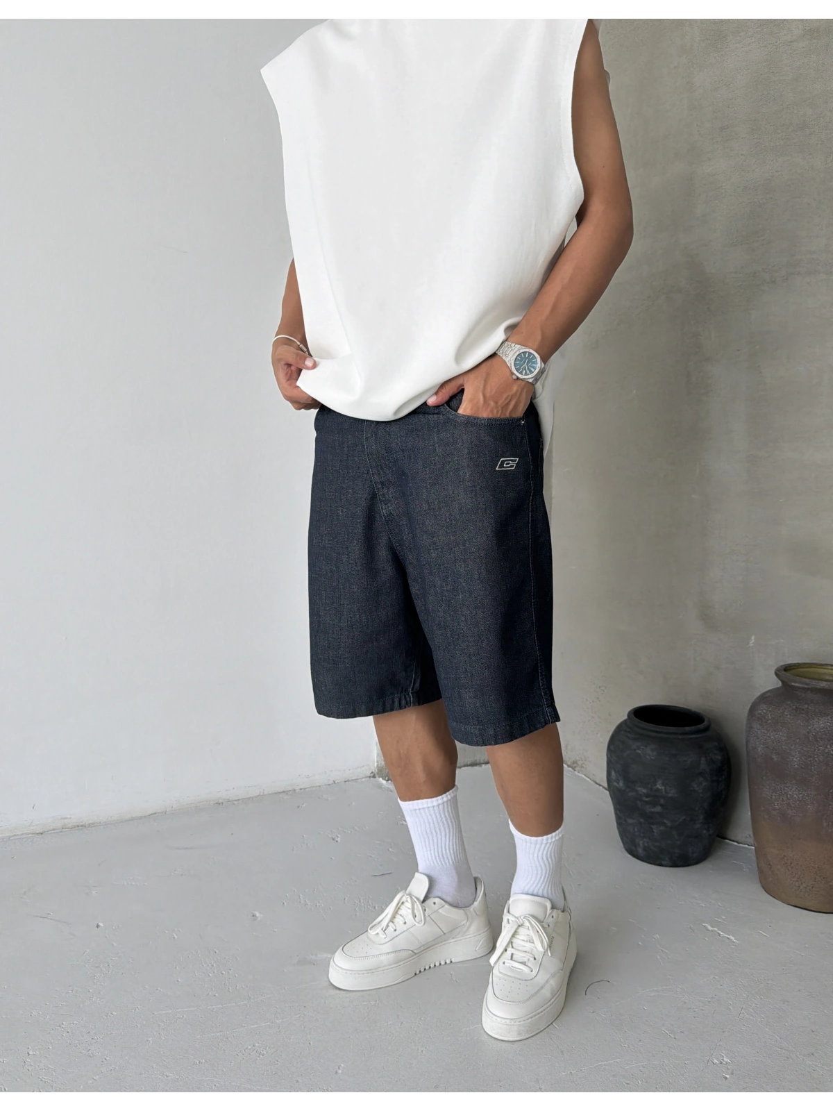 Lacivert C Nakış Bol Kalıp Baggy Şort