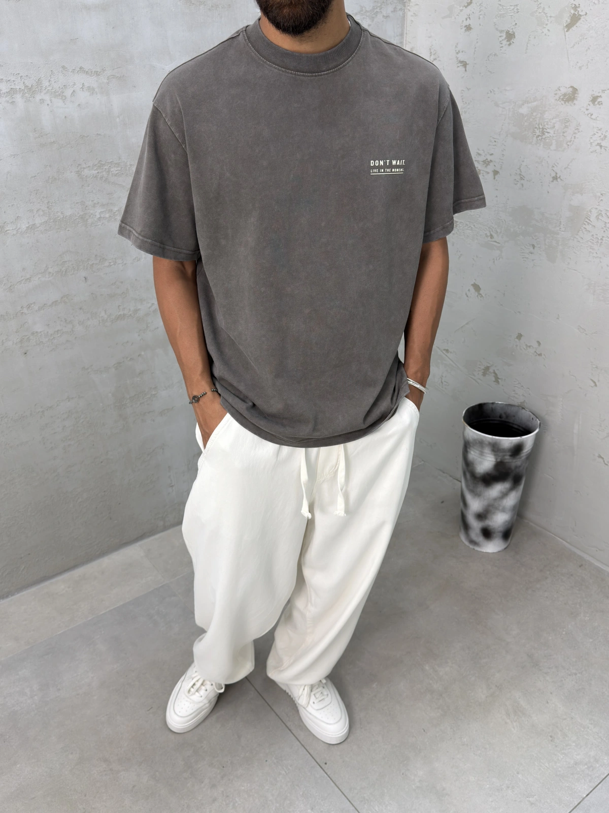 Kahve Yıkamalı Wait Baskılı Oversize T-Shirt
