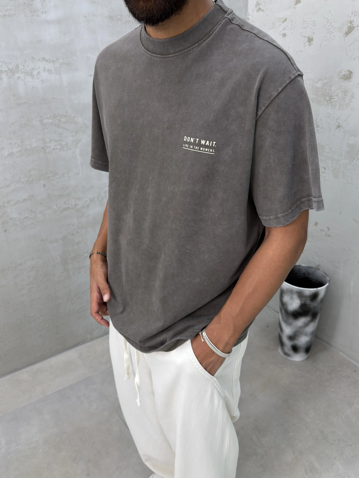 Kahve Yıkamalı Wait Baskılı Oversize T-Shirt