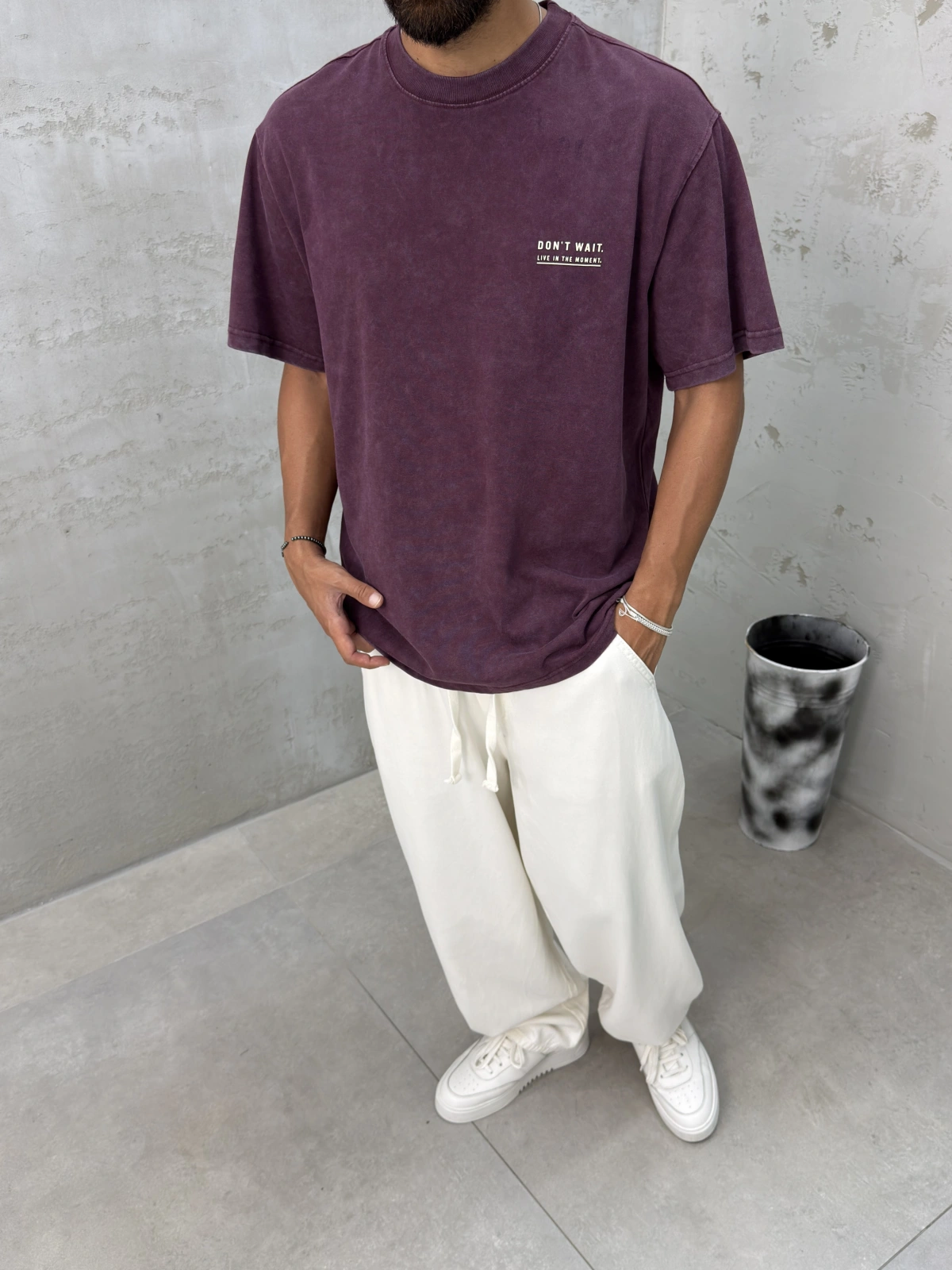 Bordo Yıkamalı Wait Baskılı Oversize T-Shirt
