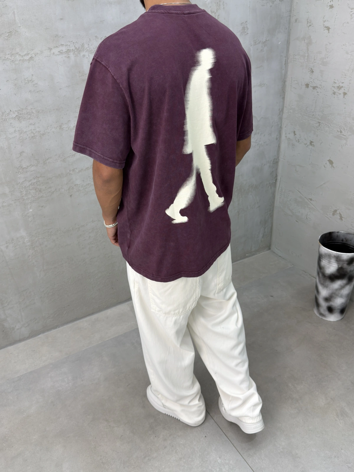 Bordo Yıkamalı Wait Baskılı Oversize T-Shirt