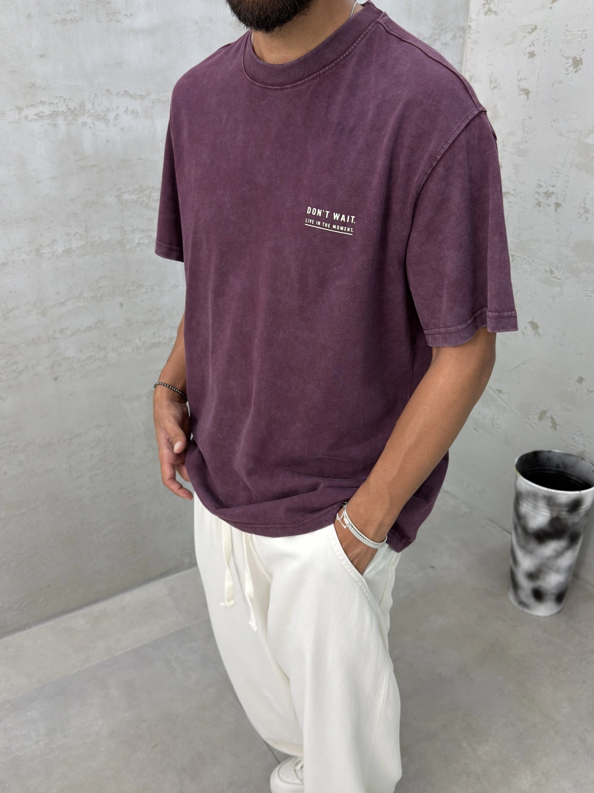 Bordo Yıkamalı Wait Baskılı Oversize T-Shirt