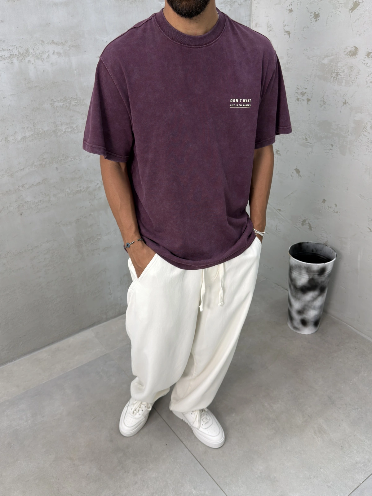 Bordo Yıkamalı Wait Baskılı Oversize T-Shirt