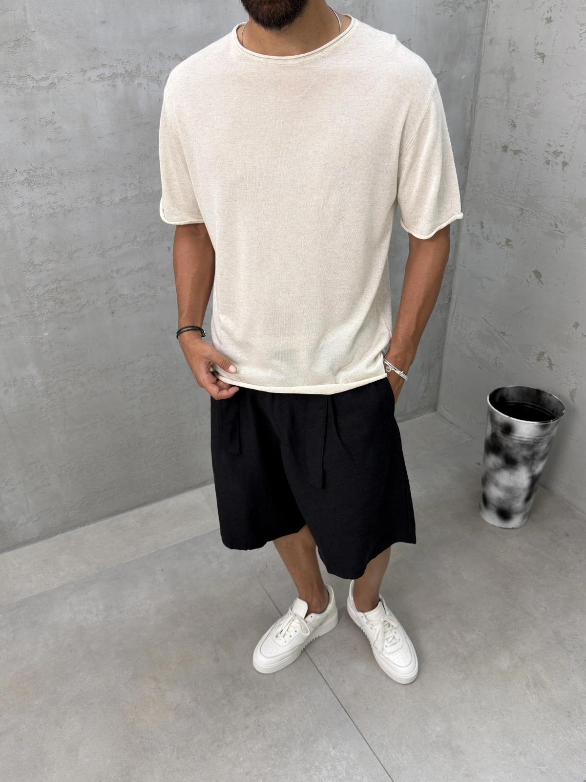 Krem Premium Keten Oversize T-Shirt