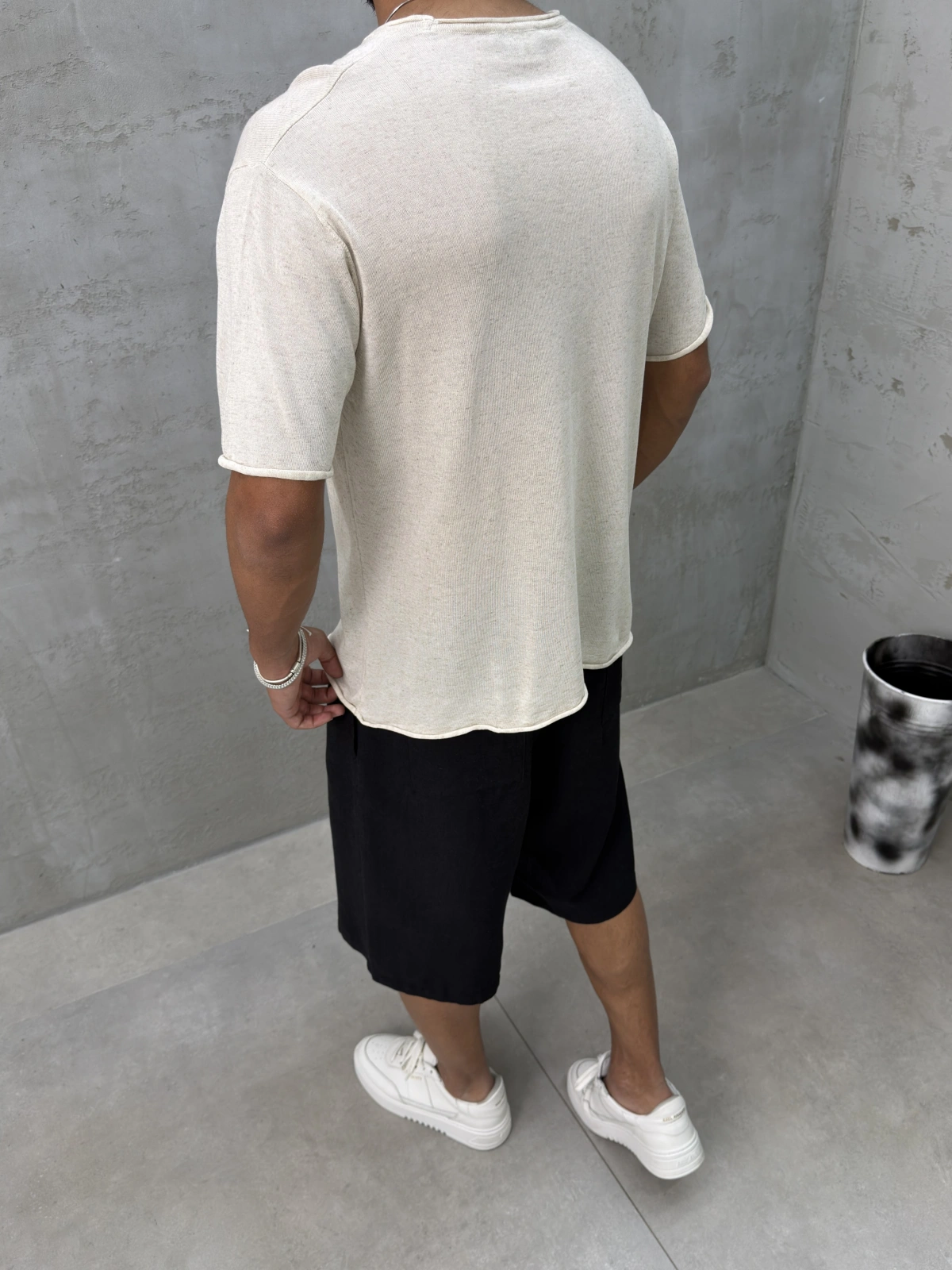 Krem Premium Keten Oversize T-Shirt