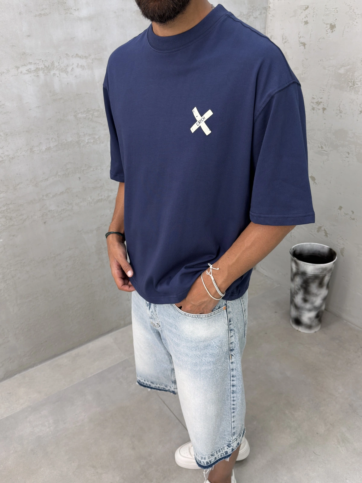 Lacivert Yıkamalı Boxy Fit T-Shirt