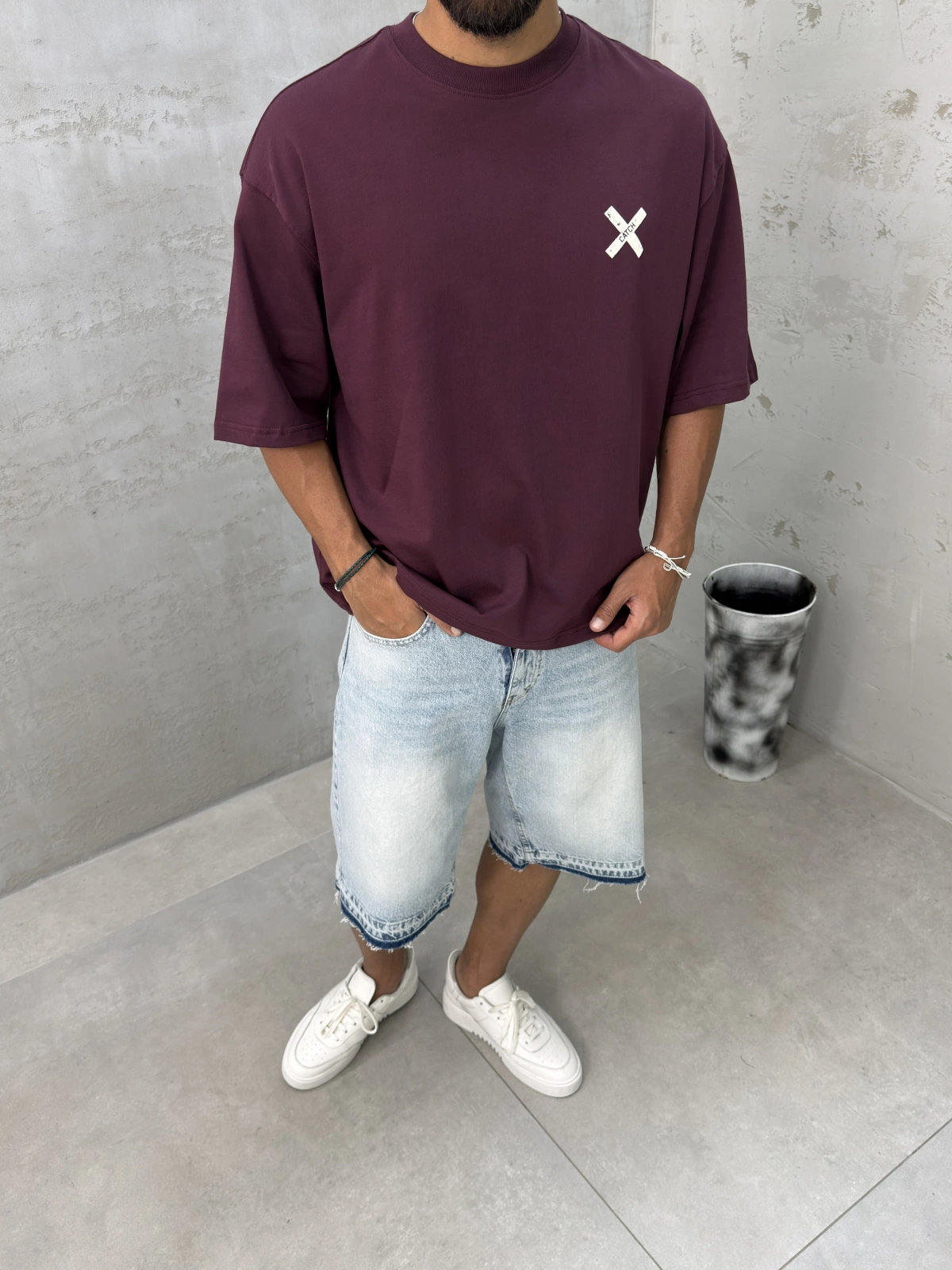 Bordo Yıkamalı Boxy Fit T-Shirt