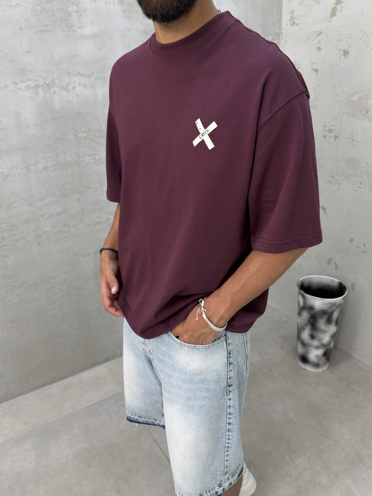 Bordo Yıkamalı Boxy Fit T-Shirt